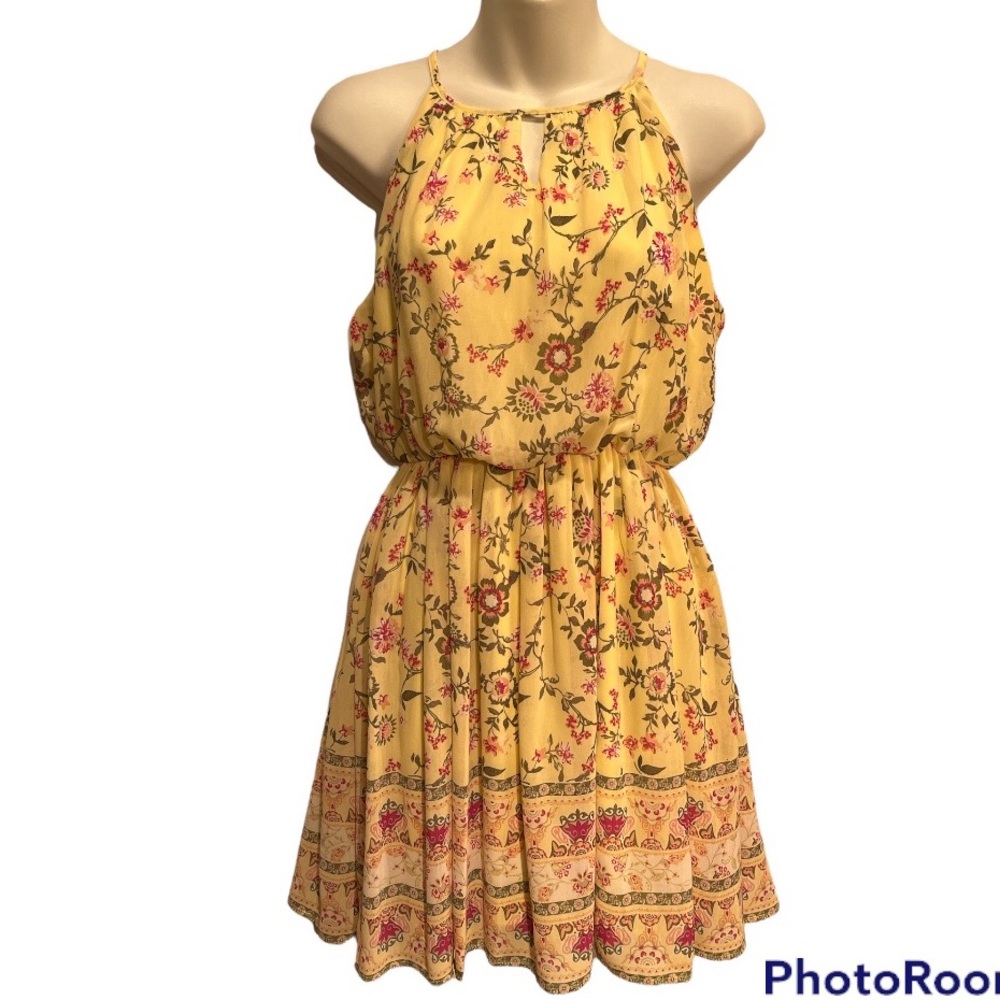 Francesca’s Blue Rain Dress in yellow floral. Size small